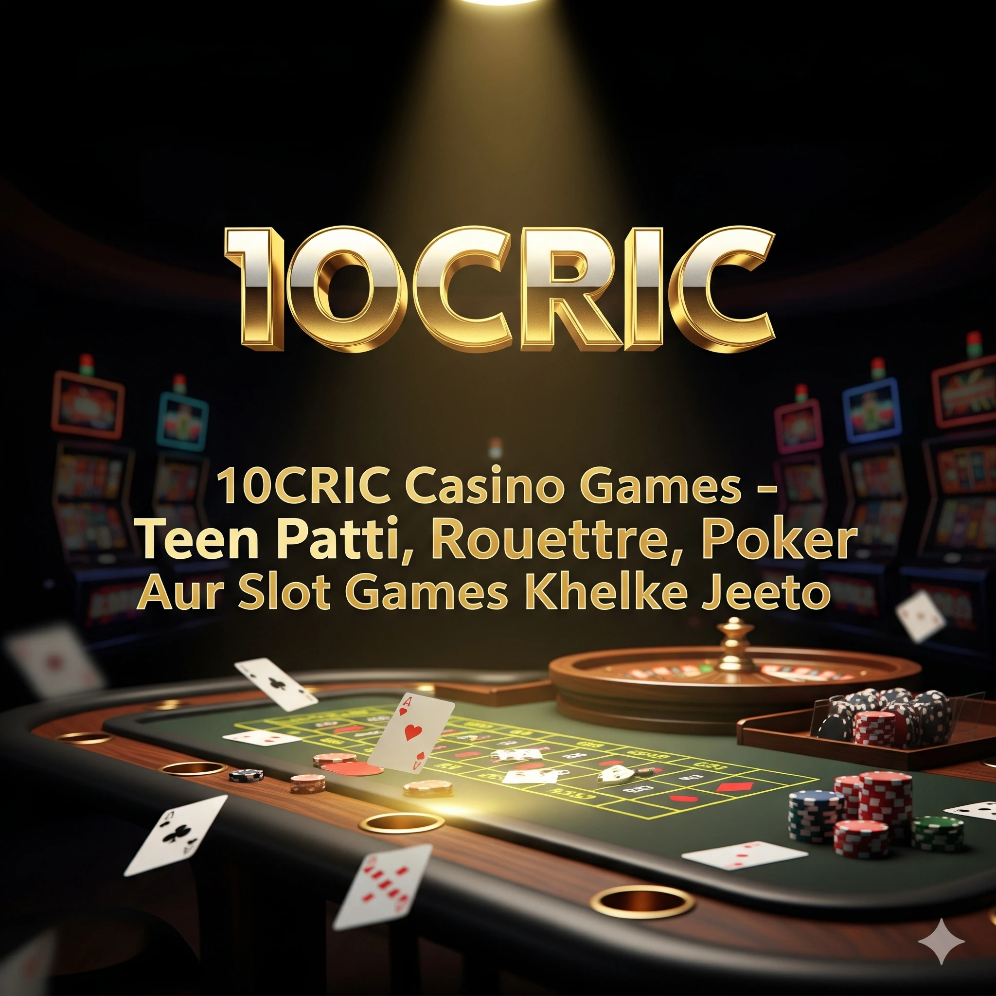 10CRIC casino promotional poster with Teen Patti, Roulette, Poker and Slot Games in black & golden design