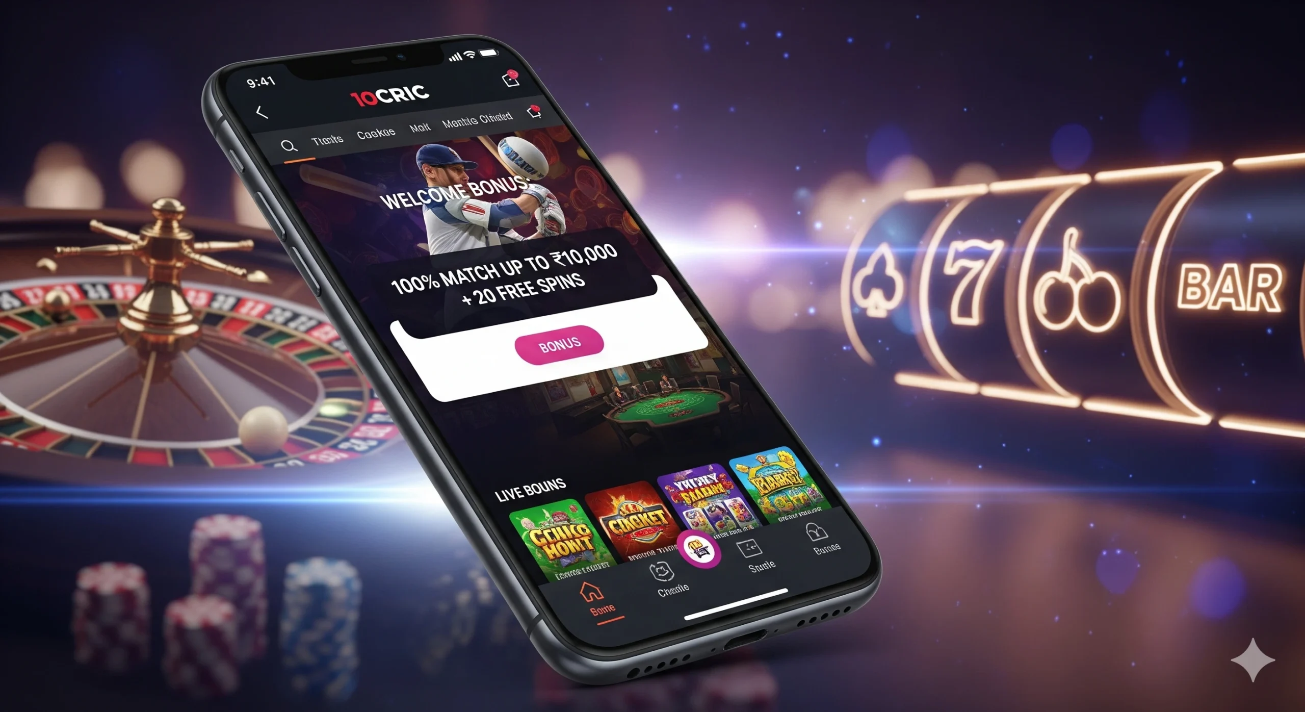 10CRIC Casino Welcome Bonus on mobile app screen