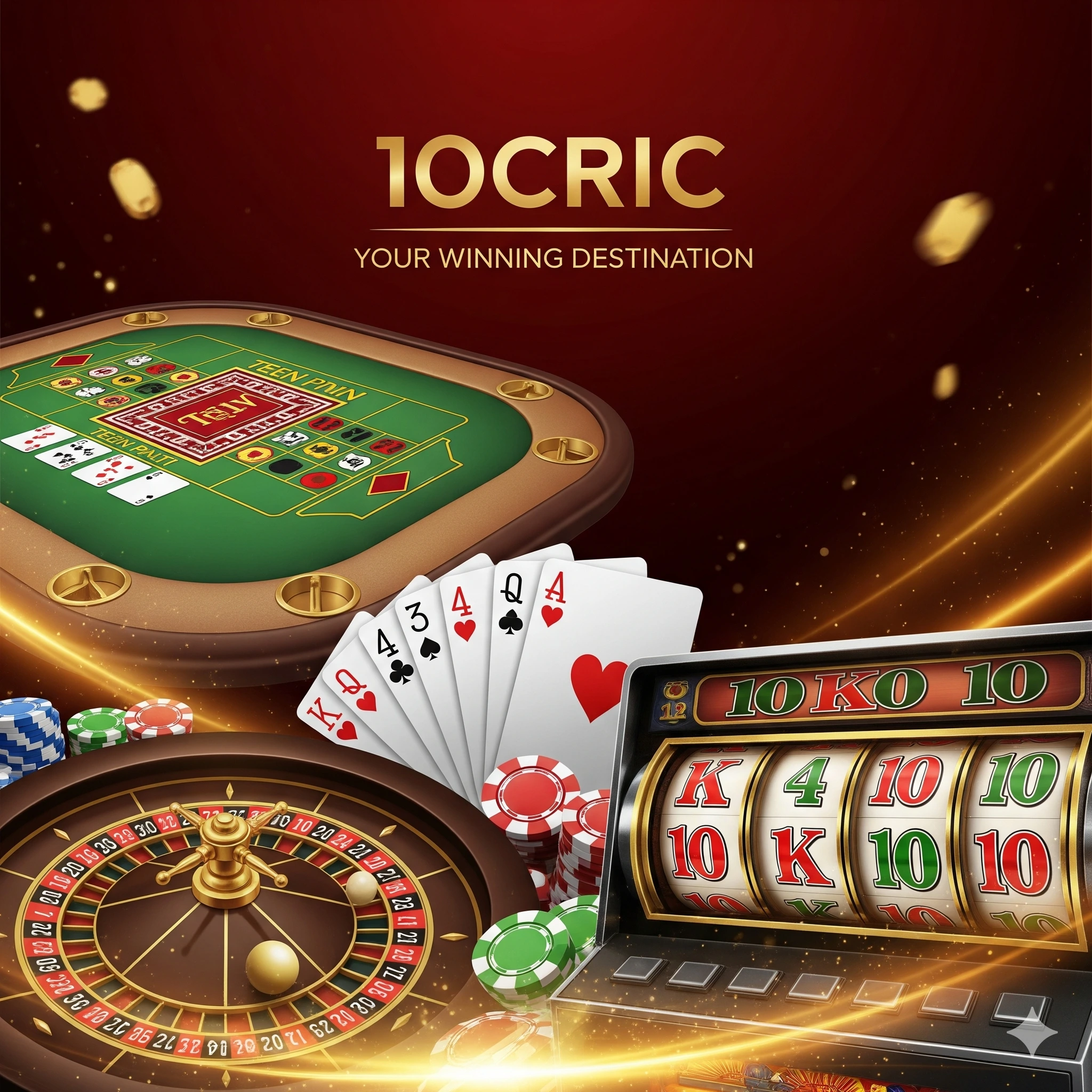 10CRIC casino poster showing roulette, cards and slot machines in luxury theme